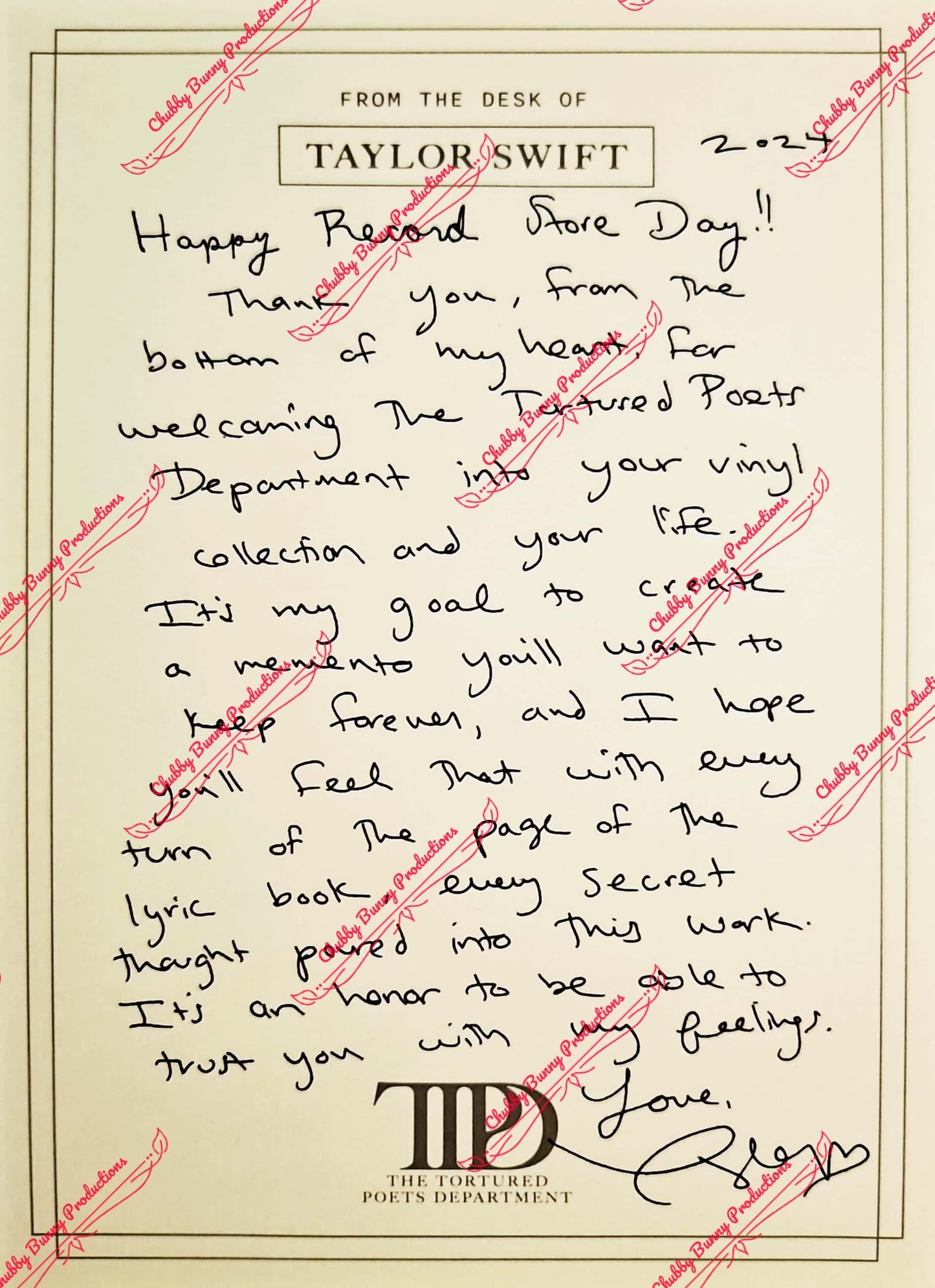 TS Record Store Day Letter 5x7 Dupe