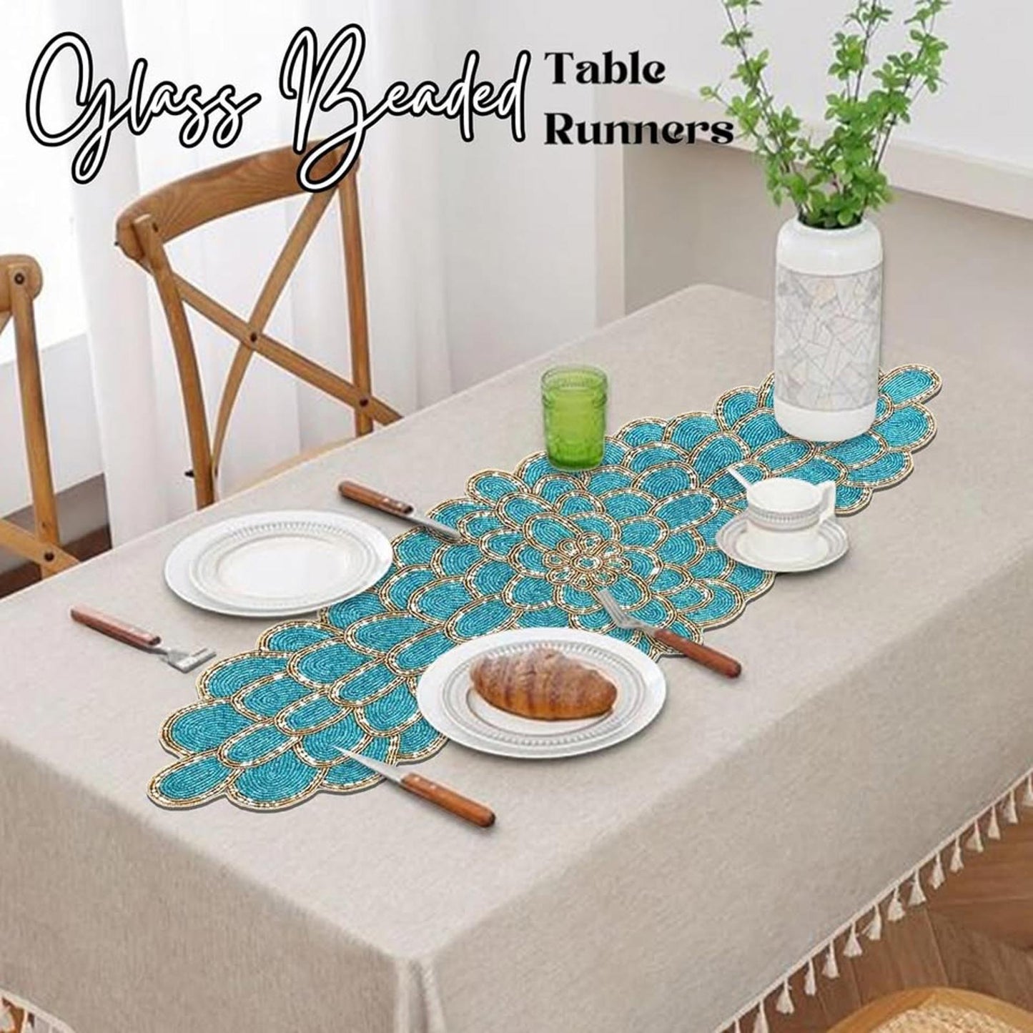 Beaded Table Runner 13 x 36 Inches - Handmade Decorative Dining Table Centerpiece