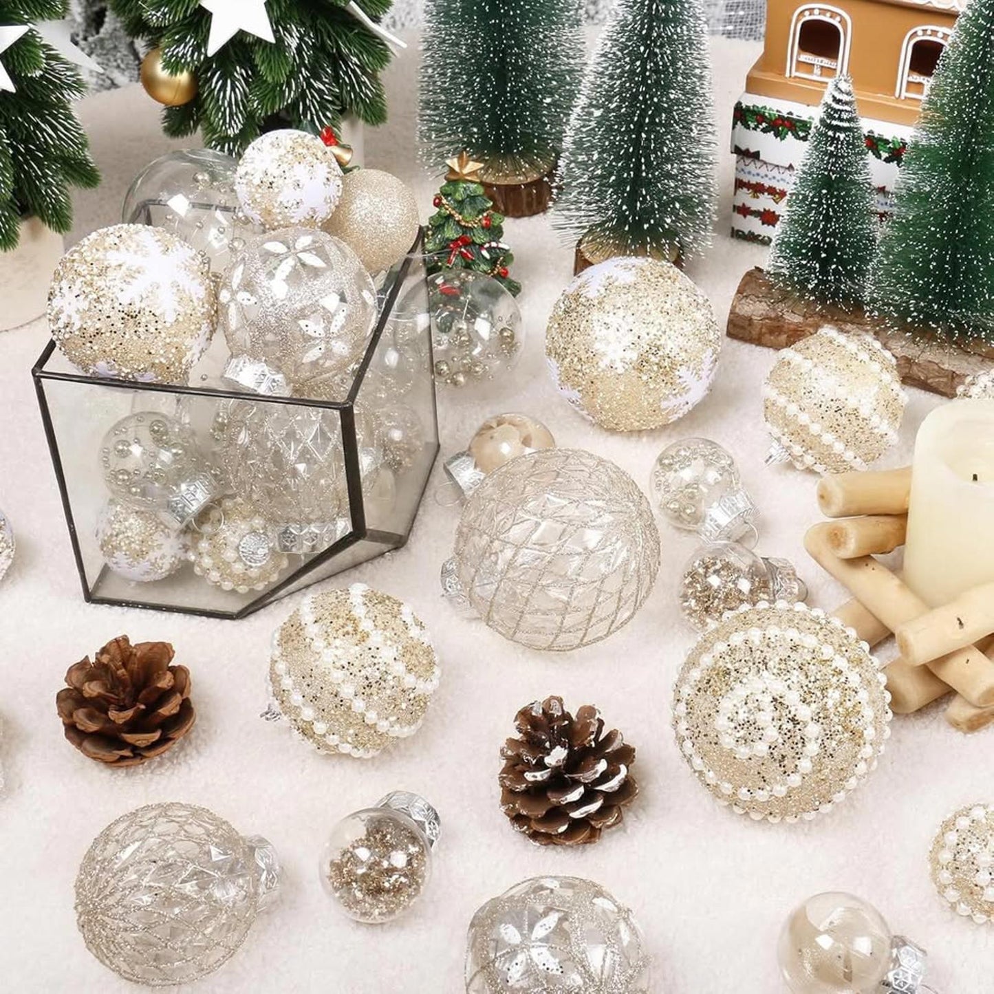 Christmas Ball Ornaments, 33PCS Champagne Clear Shatterproof Plastic Foam Set