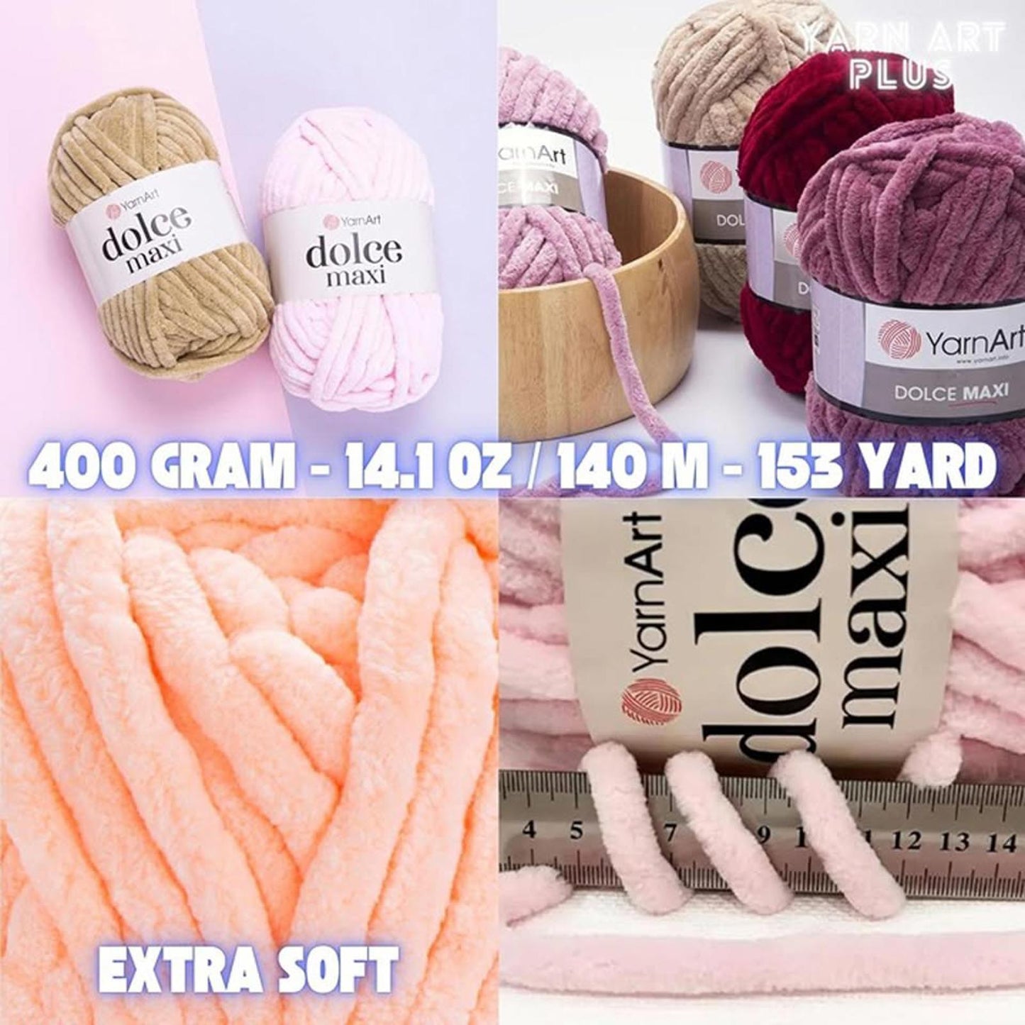 2 Skein Yarn Art Dolce Maxi, Premium Velvet Yarn, Super Soft Bulky 6 Fluffy Bulk