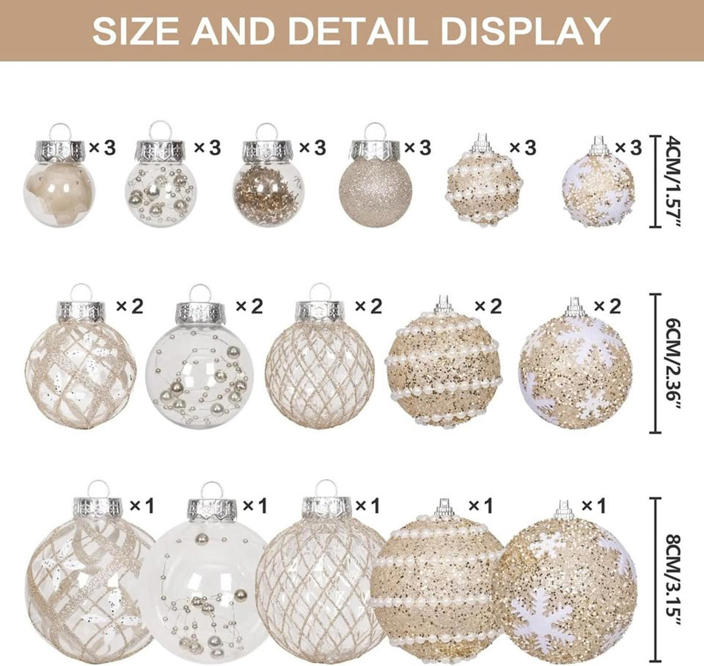 Christmas Ball Ornaments, 33PCS Champagne Clear Shatterproof Plastic Foam Set