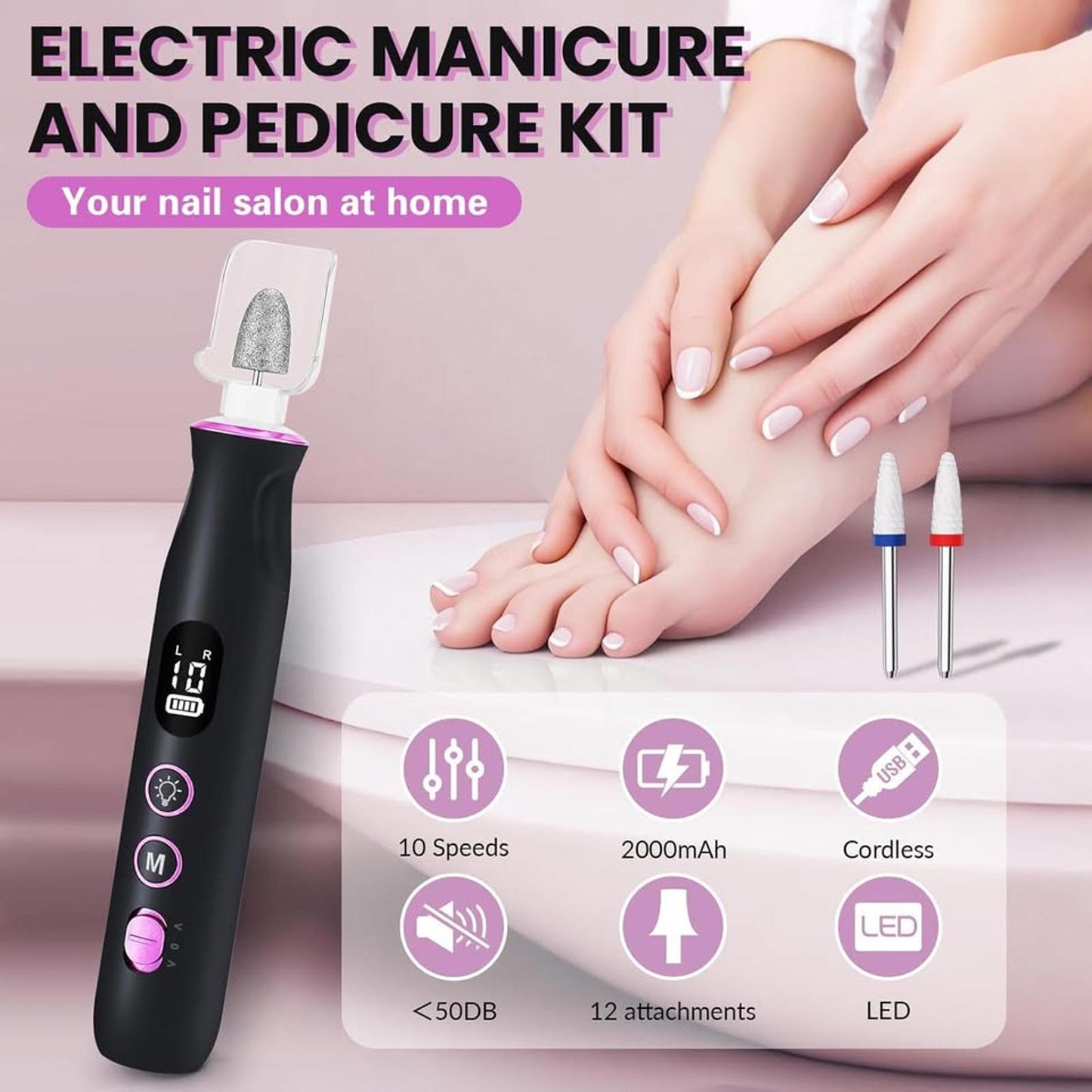Electric Nail Drill, Cordless 2000 mAh Rechargeable Portable Nail File 12 in 1 Kit