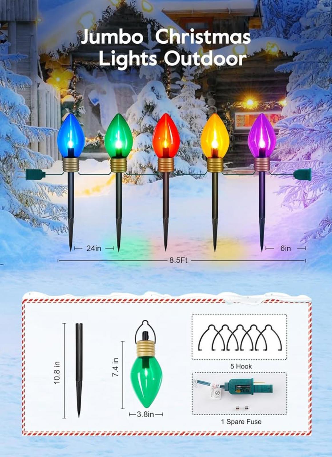 Jumbo C9 Christmas Pathway Lights Outdoor - 8.5 Feet 5 LED C9