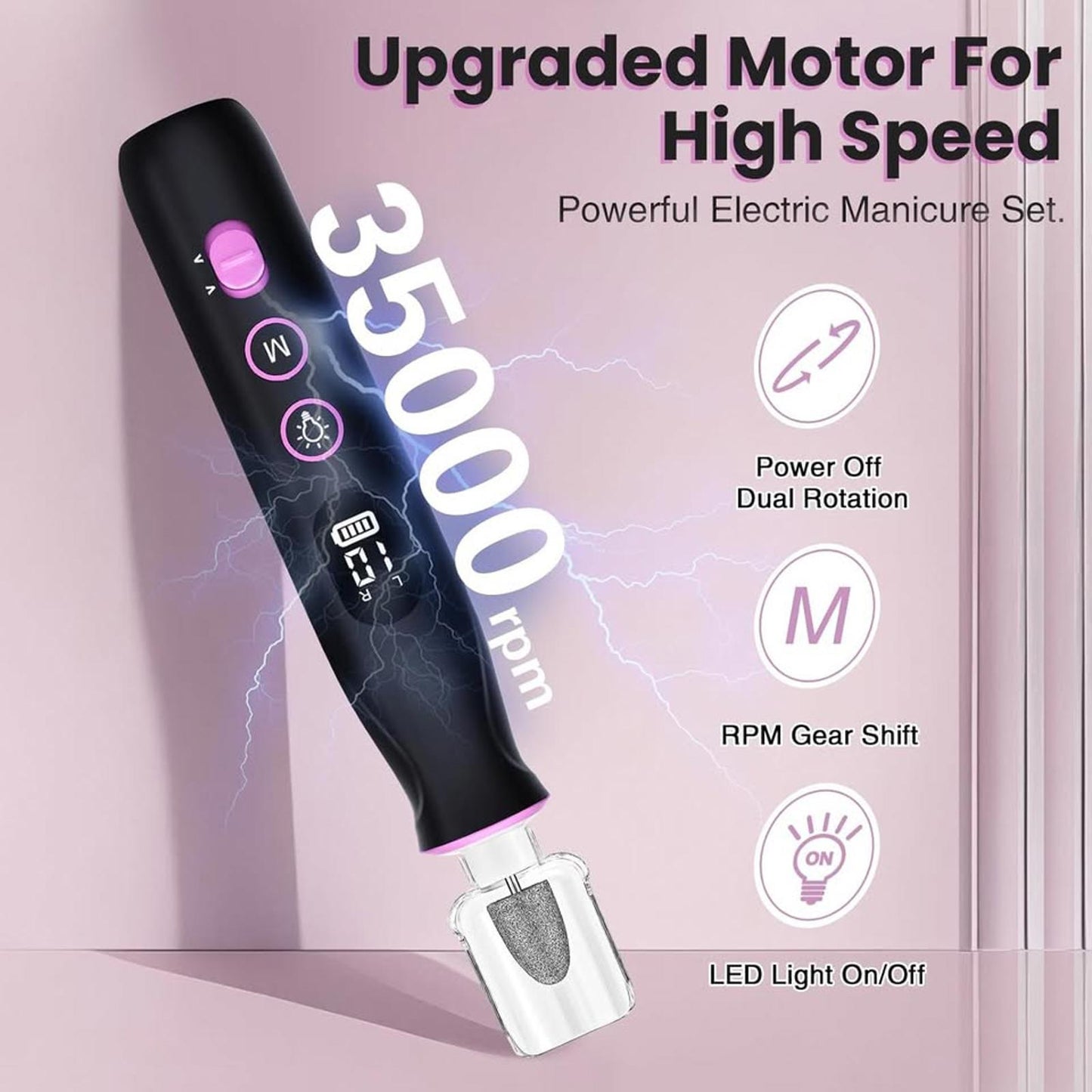 Electric Nail Drill, Cordless 2000 mAh Rechargeable Portable Nail File 12 in 1 Kit