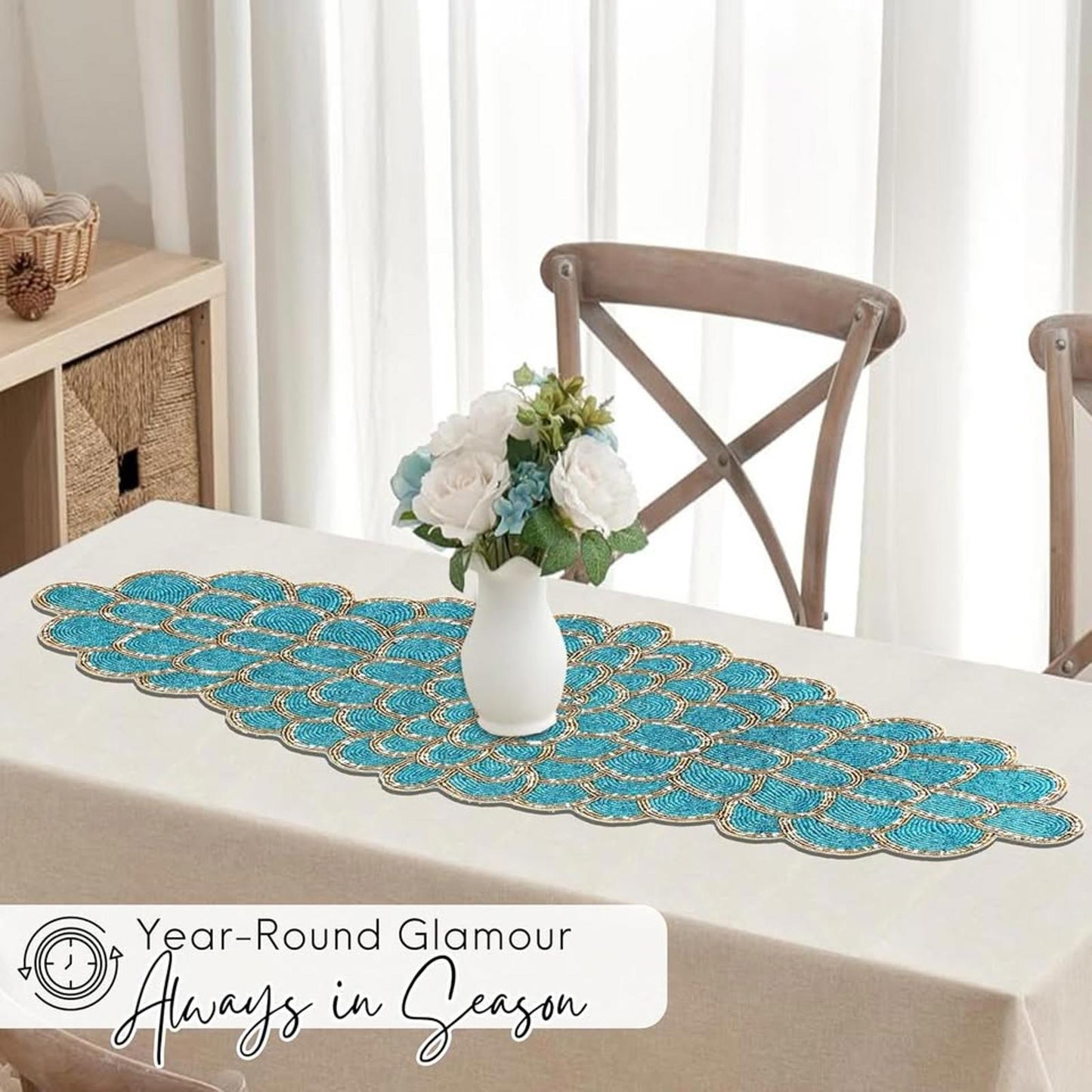 Beaded Table Runner 13 x 36 Inches - Handmade Decorative Dining Table Centerpiece