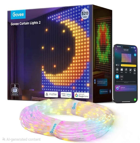 Govee Curtain Lights 2, 520 LEDs, Smart LED Curtain Light with DIY GIF AIGC, Non-Splicable, RGBIC