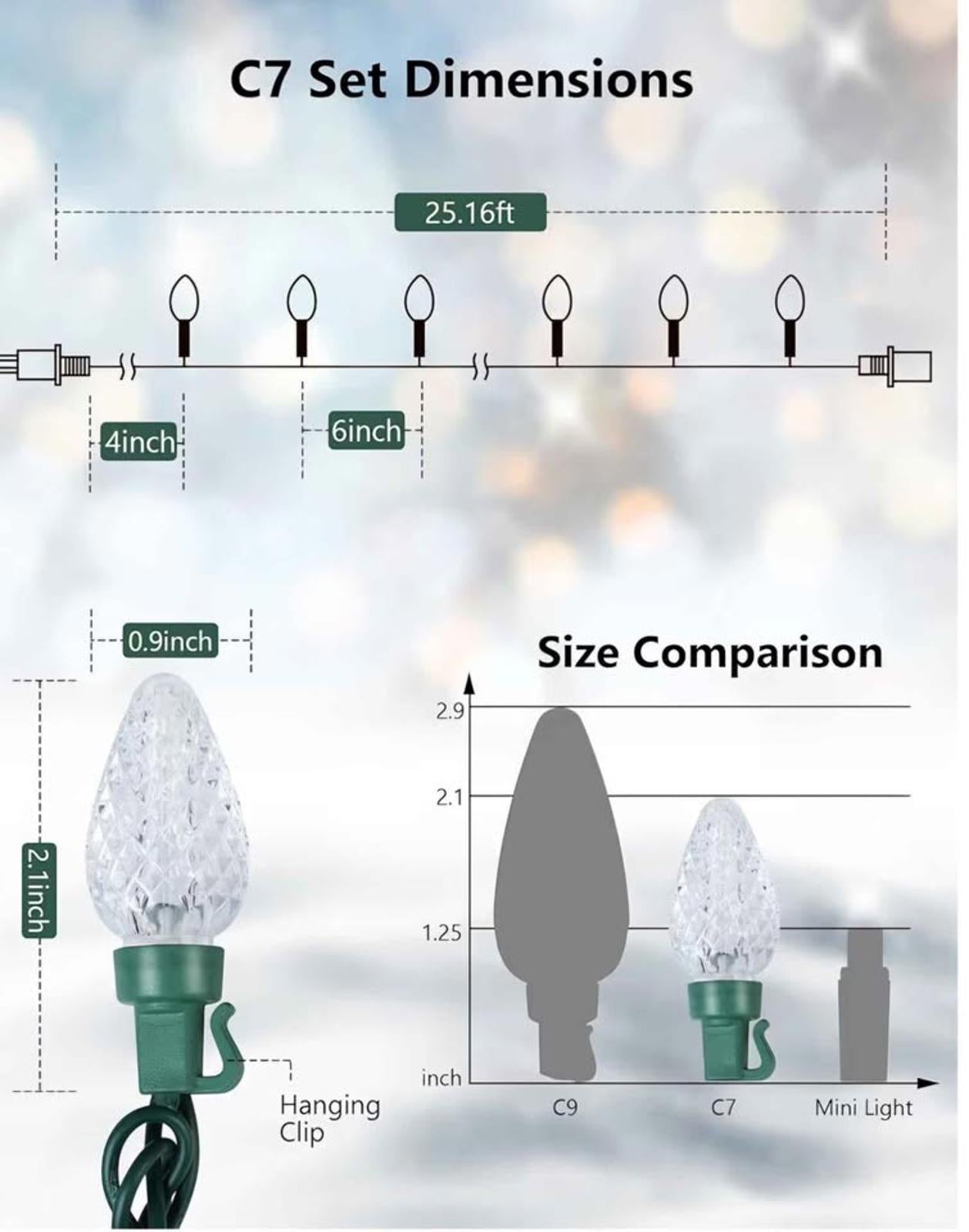 C7 LED Christmas String Lights, 25.16FT 50 LED Connectable Outdoor Indoor Decorative Light Strand, C