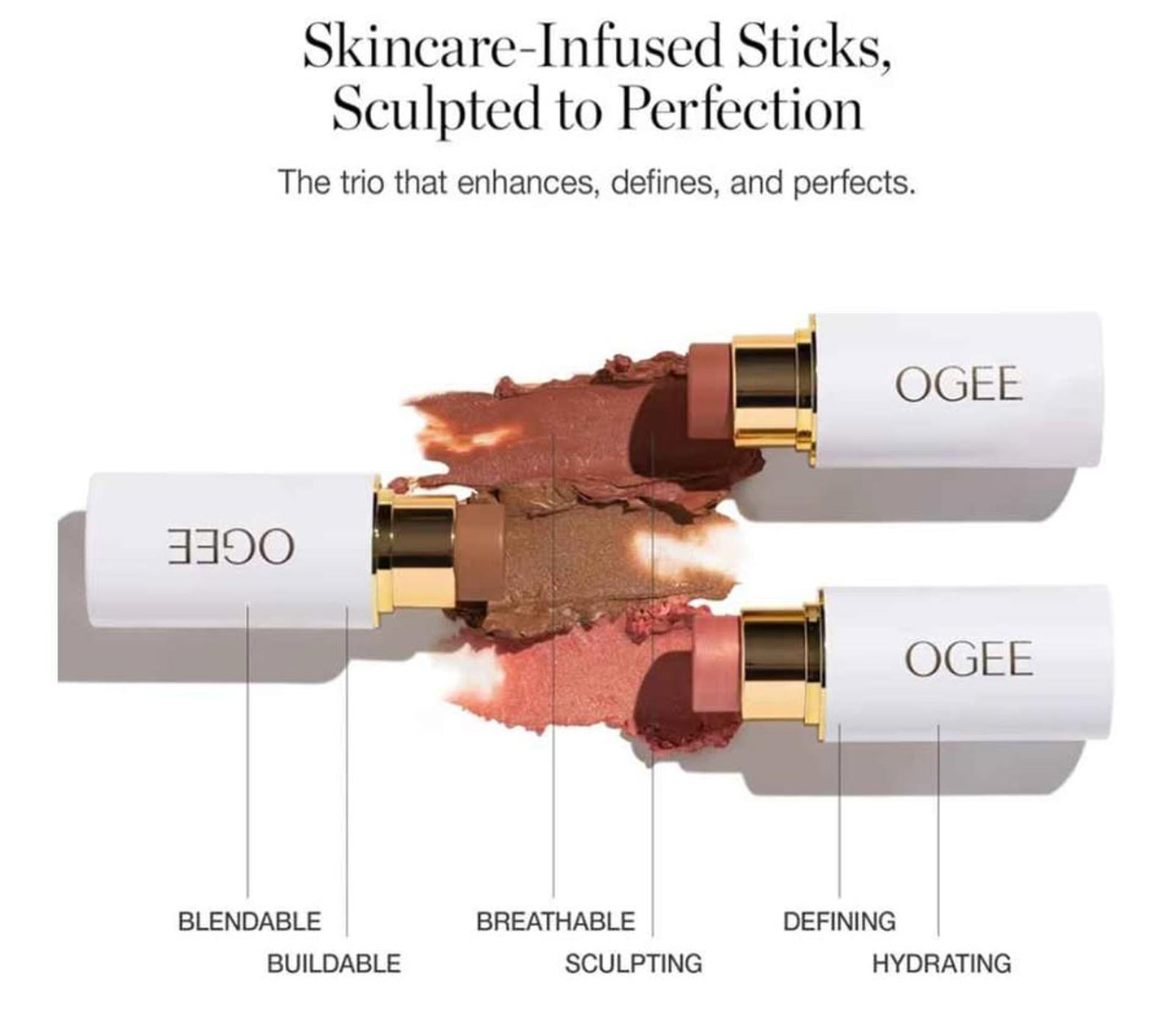 Ogee Face Stick Trio - Golden Contour Stick Makeup Collection - Certified Organic Bronzer, Blush Sti