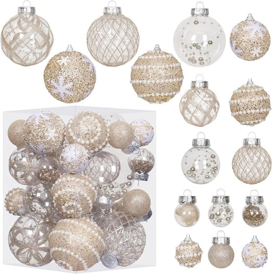 Christmas Ball Ornaments, 33PCS Champagne Clear Shatterproof Plastic Foam Set