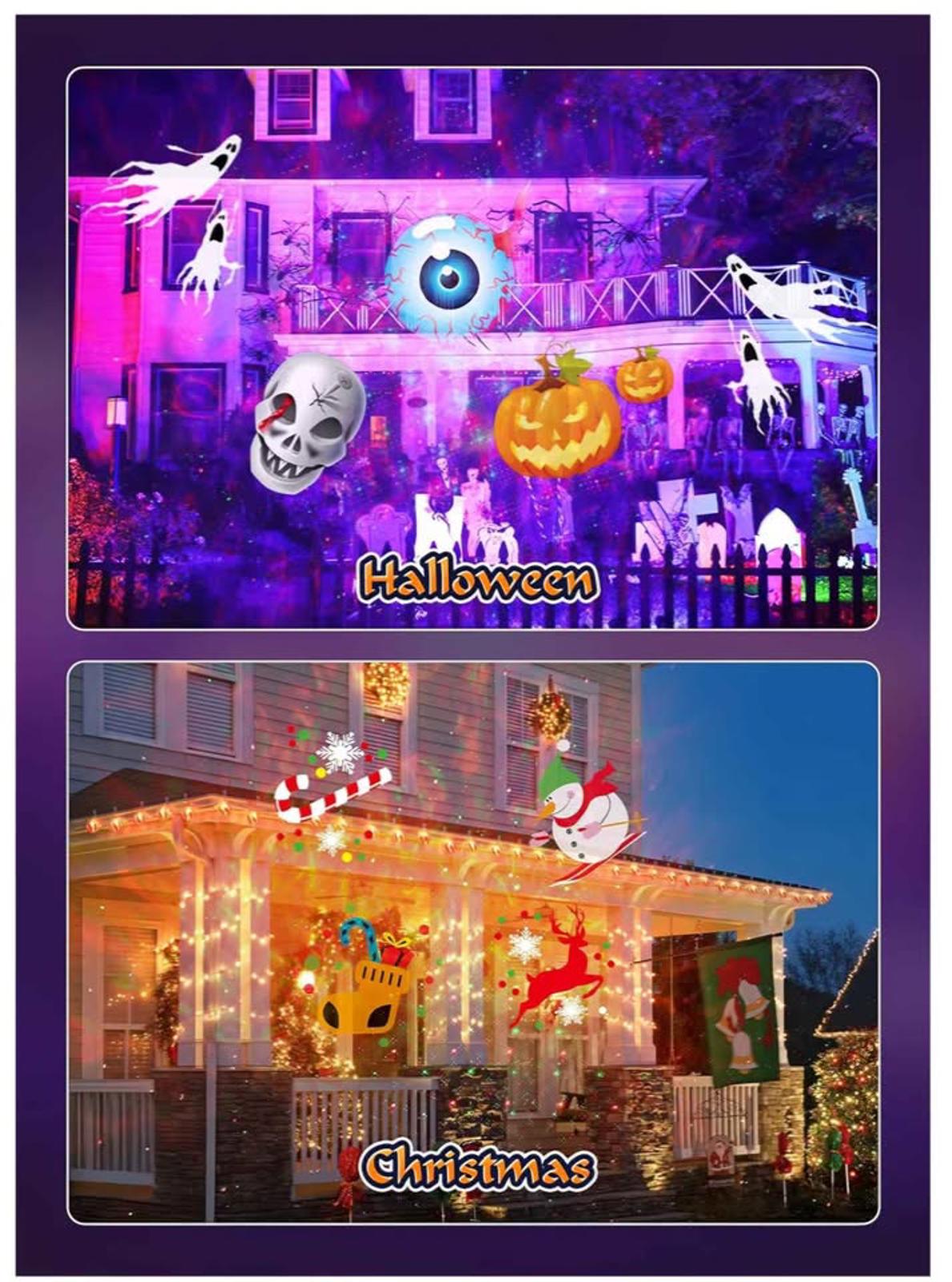 3 in 1 Halloween Christmas Projector Lights Outdoor 21 HD Effects (3D Ocean Wave + Patterns+Red Gree