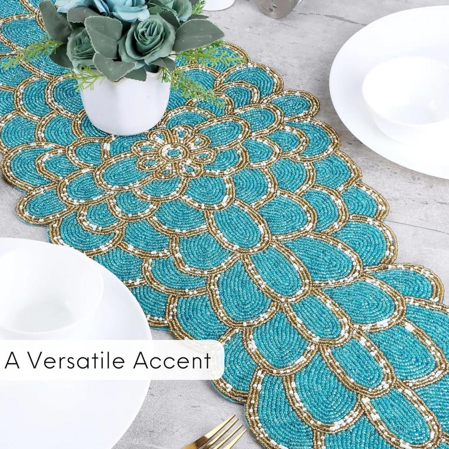 Beaded Table Runner 13 x 36 Inches - Handmade Decorative Dining Table Centerpiece