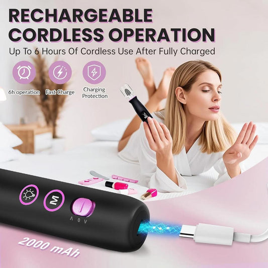 Electric Nail Drill, Cordless 2000 mAh Rechargeable Portable Nail File 12 in 1 Kit