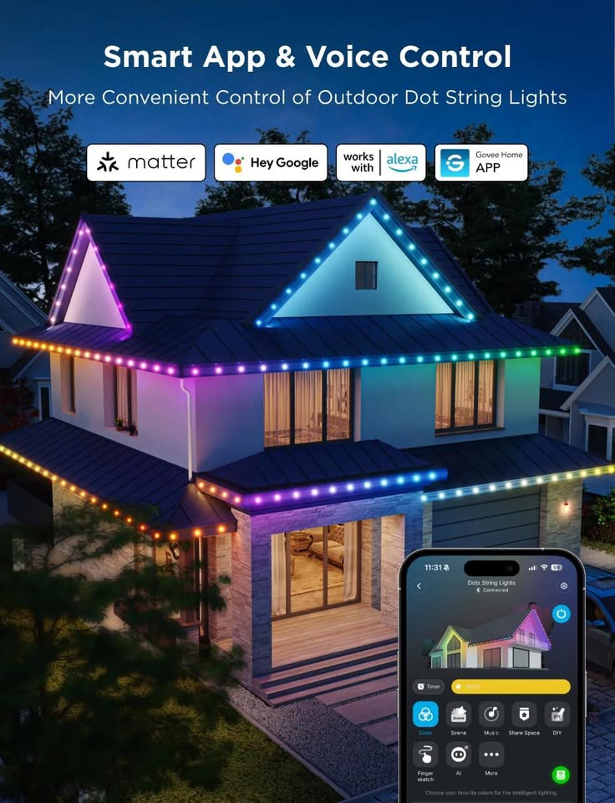 Govee Outdoor Strip Lights, 45 RGBIC LED Lights 100FT Lights with 65 Scene Modes