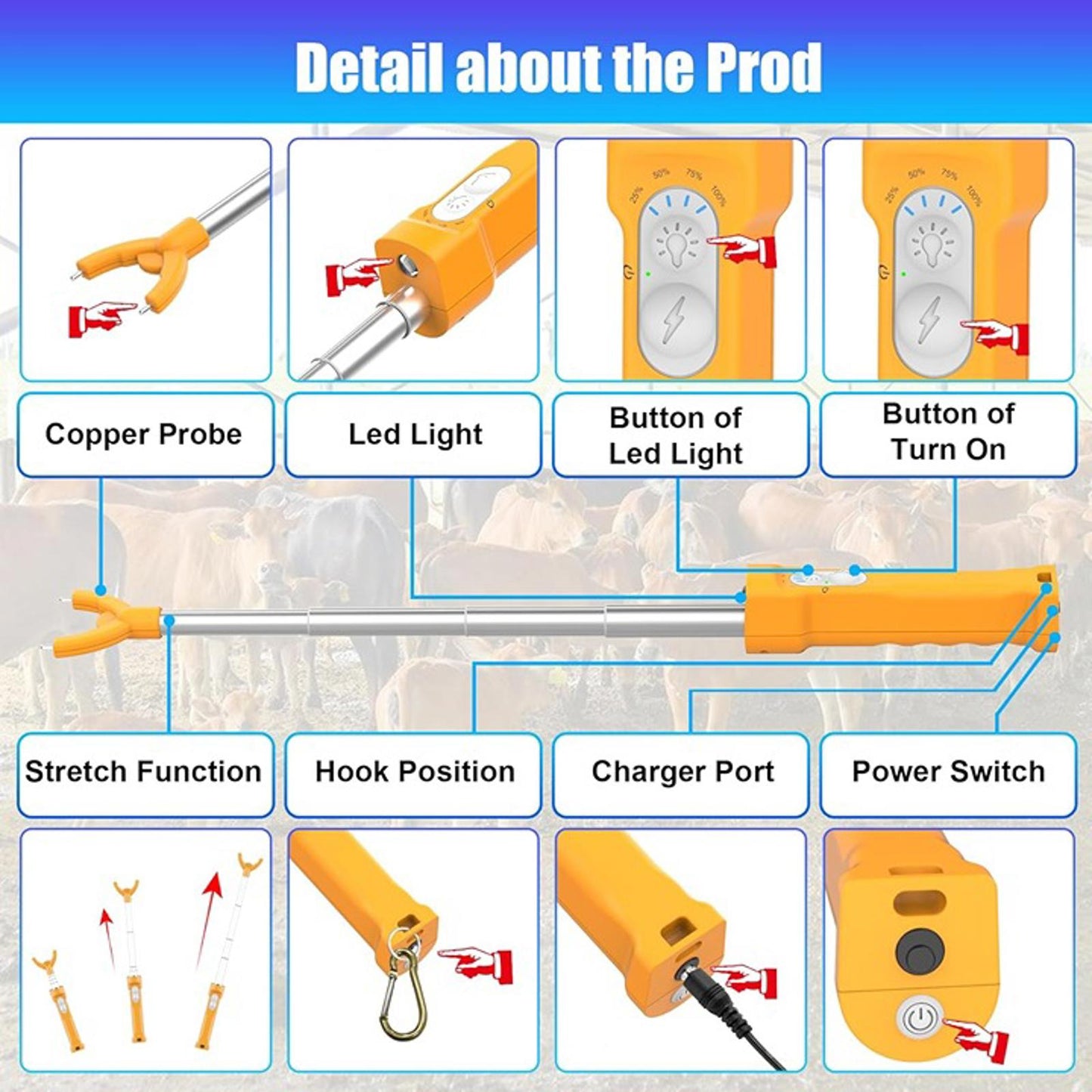 Cattle Prod Livestock Rechargeable Led Light, Waterproof Electric Livestock Prod