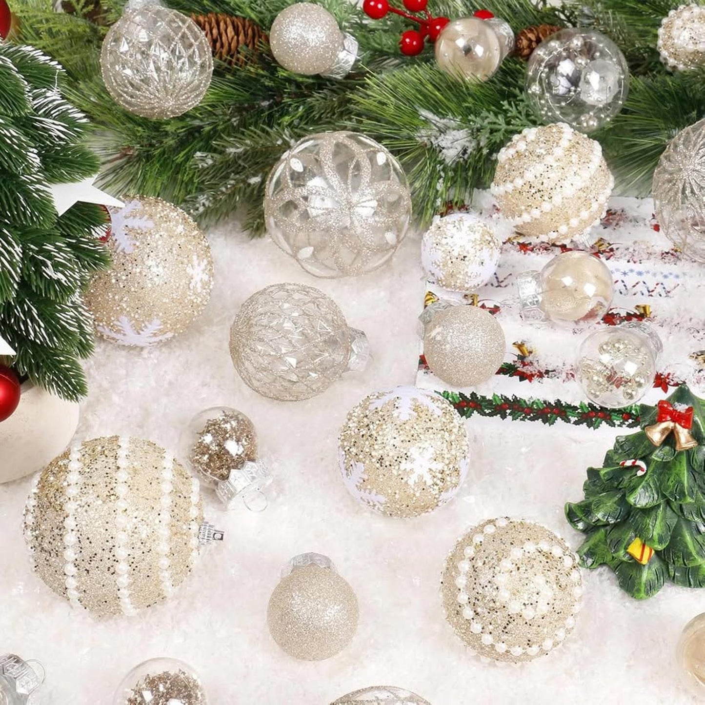 Christmas Ball Ornaments, 33PCS Champagne Clear Shatterproof Plastic Foam Set
